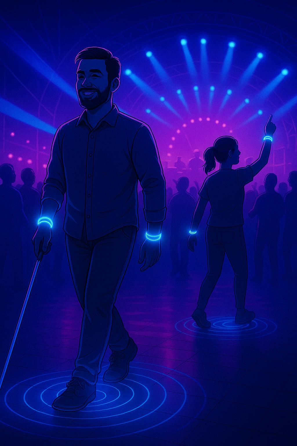 Barrierefreie Navigation im Alltag mit Navspotr Blinder Mann mit leuchtendem Armband und Blindenstock bewegt sich sicher durch ein neonbeleuchtetes Konzert.