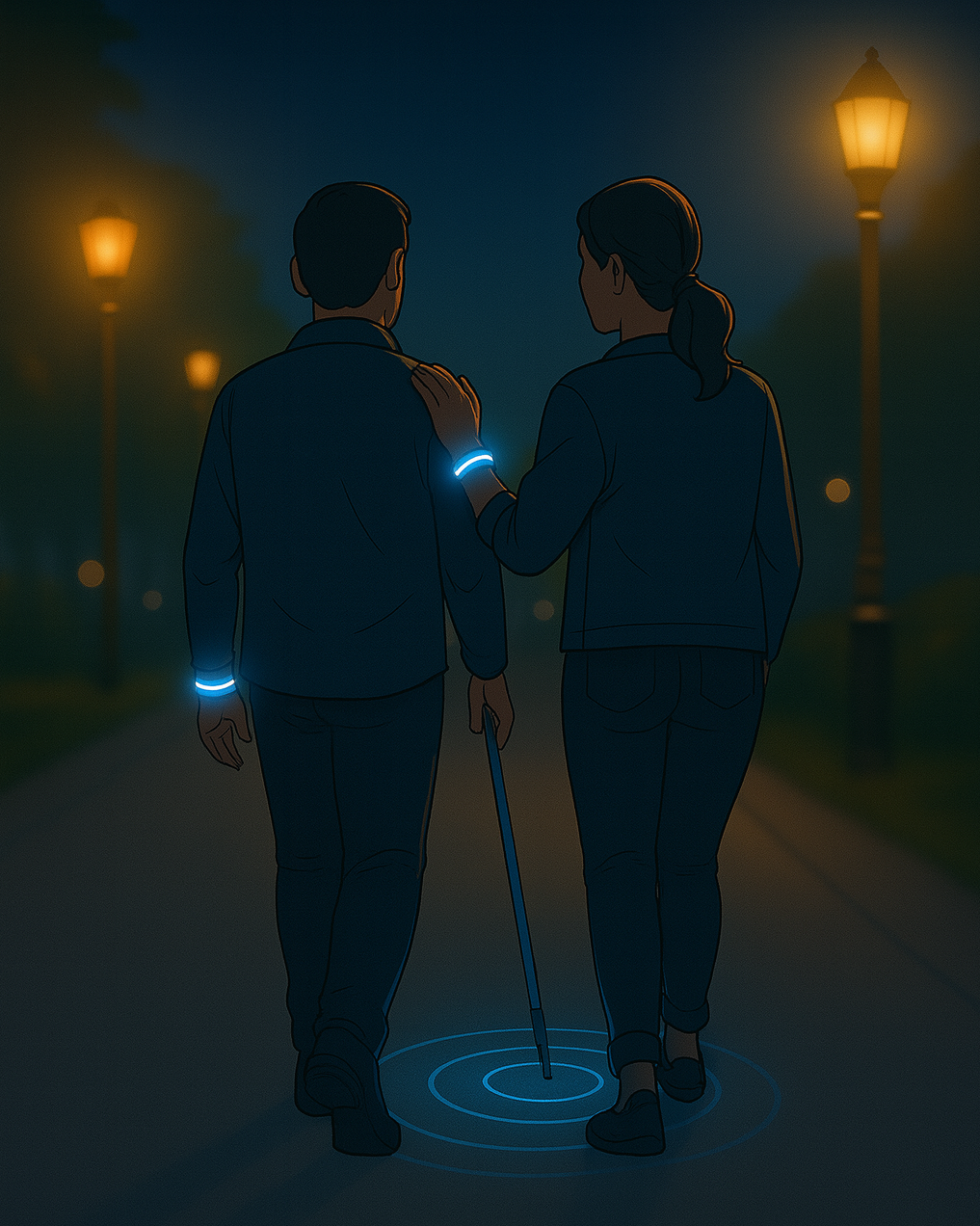 Gemeinsam auf dem Weg – Werde NavSpotr-Wegbegleiter:in Zwei Personen laufen gemeinsam einem dunklen Weg entlang. Beide tragen ein leuchtendes NavSpotr-Armband.
